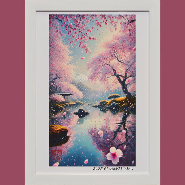 花さそふ 嵐の庭の 雪ならで【AIアート 桜富士山】A4額装品がんどう