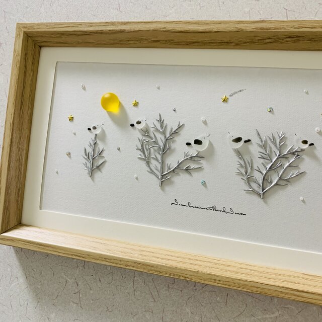 シーグラスアートシマエナガ家族アート ガラス細工 海の宝石