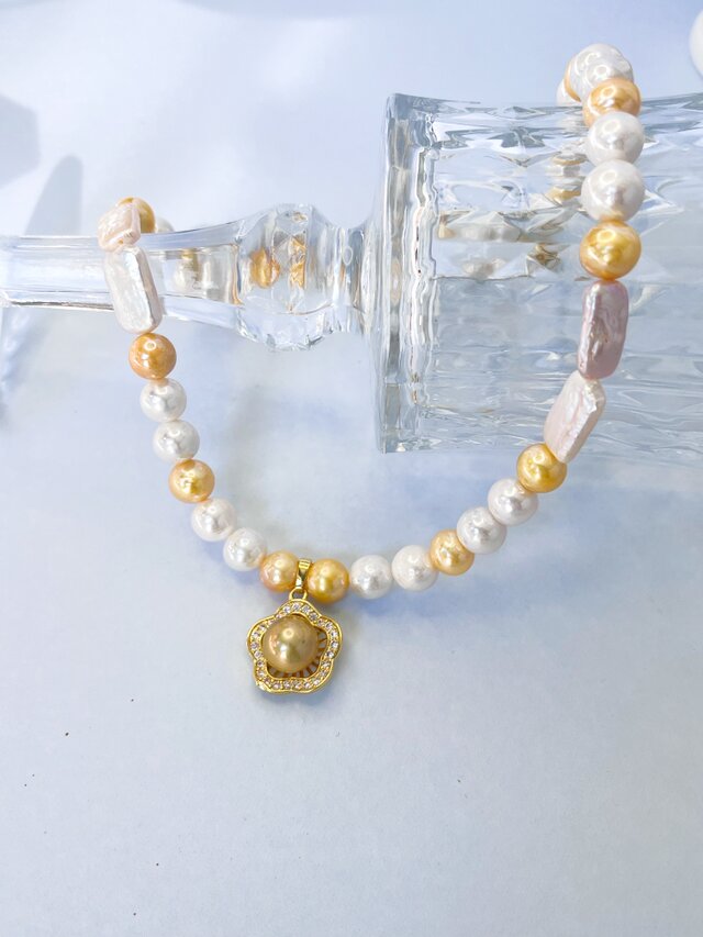 ゴールデンパール ネックレス 淡水真珠 18Kゴールドメッキパーツ 42cm