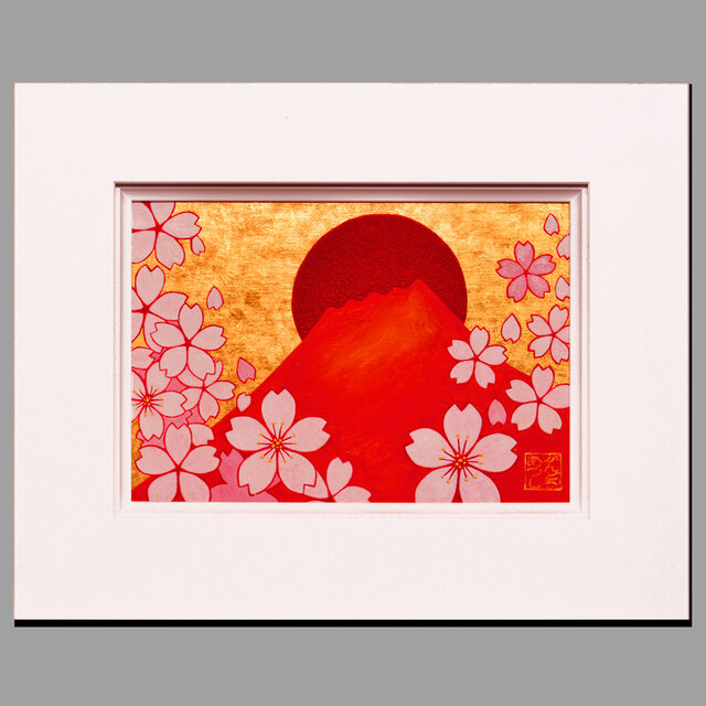 原画◎『桜と赤富士』○がんどうあつし和洋画○純金箔Liquitex膠日本画