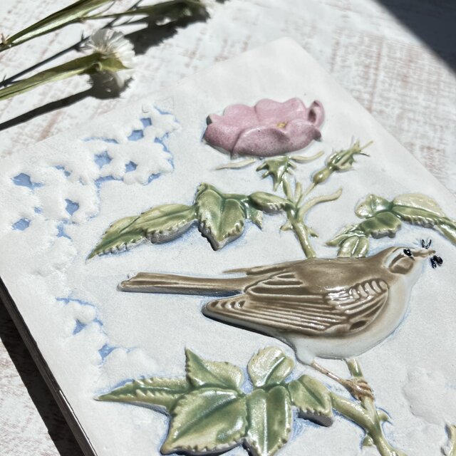 北欧＊鳥と花の美しい陶板アート／壁飾り／ジィガントフタ／Jie