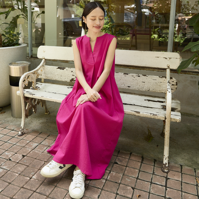 着丈調整可能】すっきり華奢見せAライン コットン キーネック ノースリ