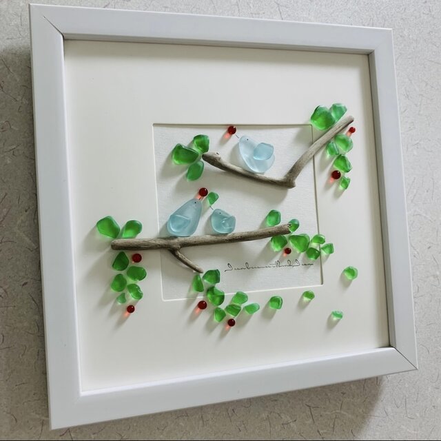 シーグラスアート 海の宝石 小鳥の家族 風景画 夏のインテリア 雑貨