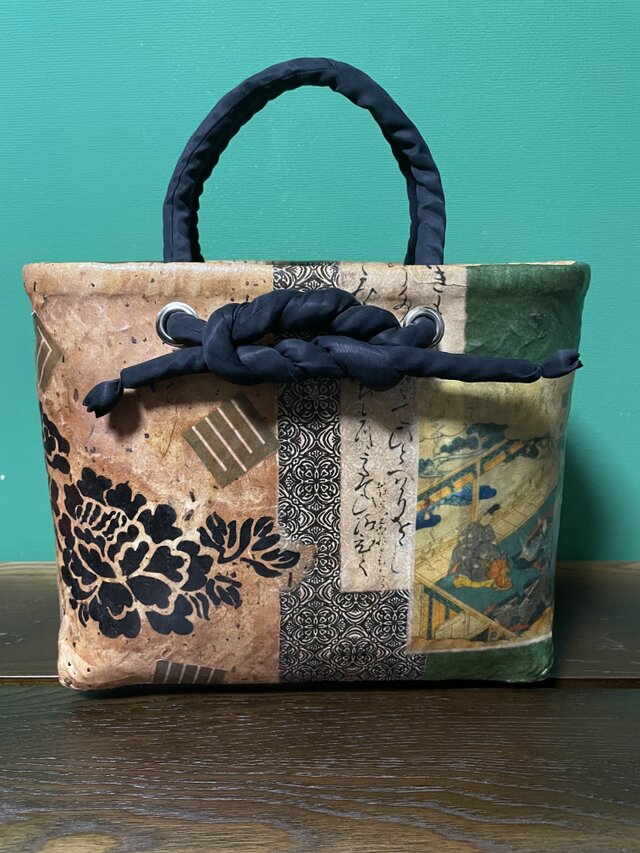 一閑張り 一閑張りバッグ 古文書 和紙 花絵柄 大正 着物 梅 京友禅 牡丹 菊
