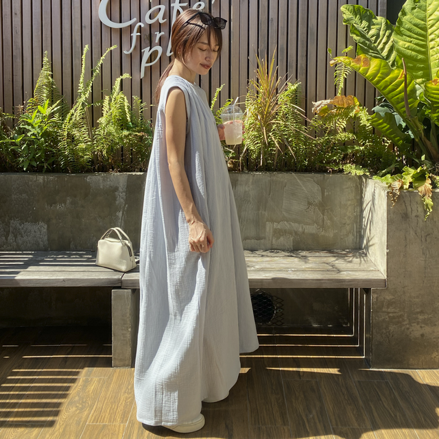 サラッと着れる コットン ダブルガーゼ ノースリーブシャツワンピース