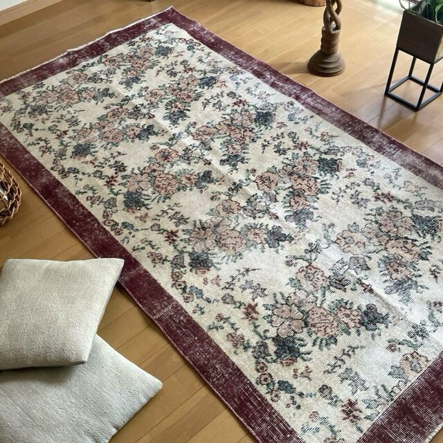 104×200 キナリ×ボルドー薔薇の街トルコヴィンテージラグ