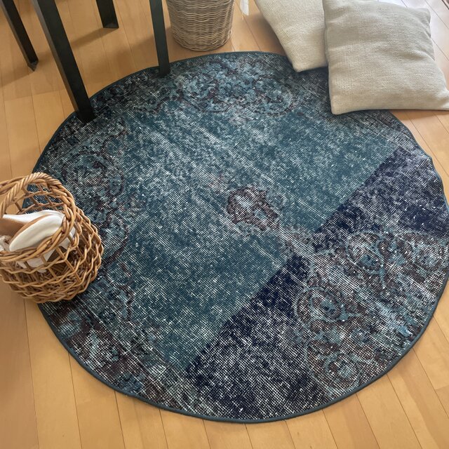 102×103 レア ラウンドラグ ブルーオーバーダイ トルコヴィンテージ