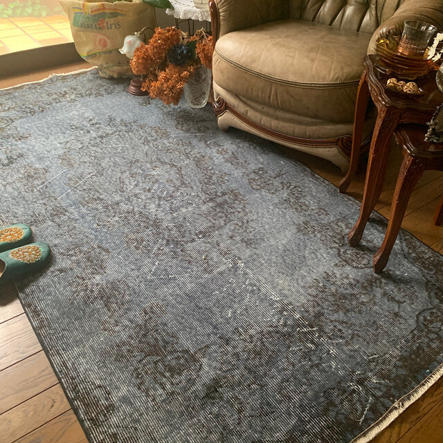 トルコヴィンテージラグ 207×104 グレー ブラック チョコ オーバーダイ