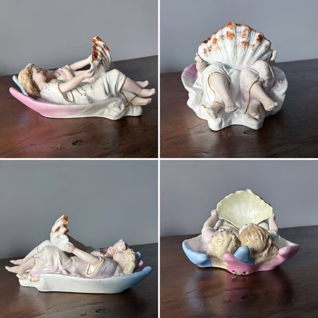 ベニティエ 聖水盤 二人 天使 ビスク ポリクローム 彩色 h24cm