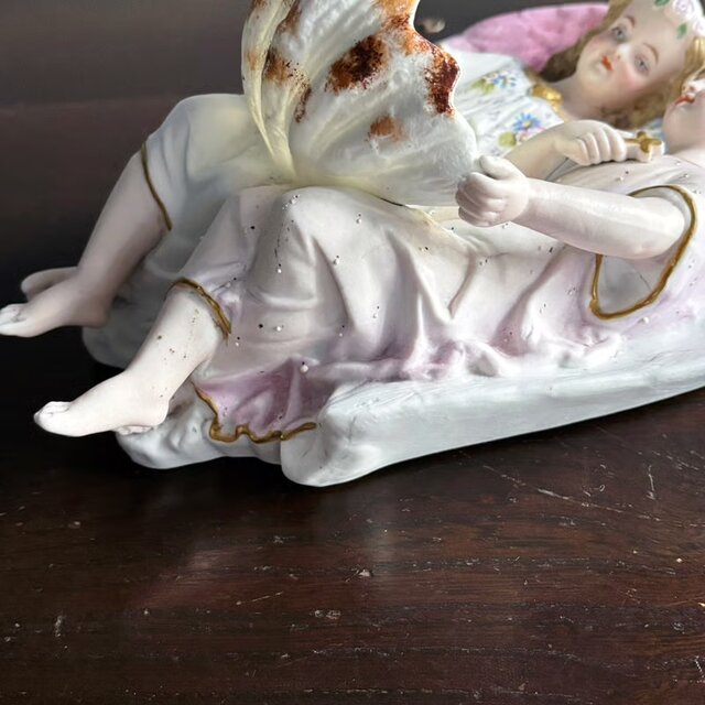 ベニティエ 聖水盤 二人 天使 ビスク ポリクローム 彩色 h24cm