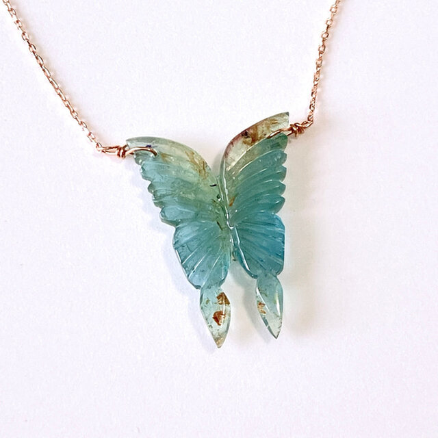 ブルー・トルマリン*バタフライ ルースネックレス K10ピンクゴールド