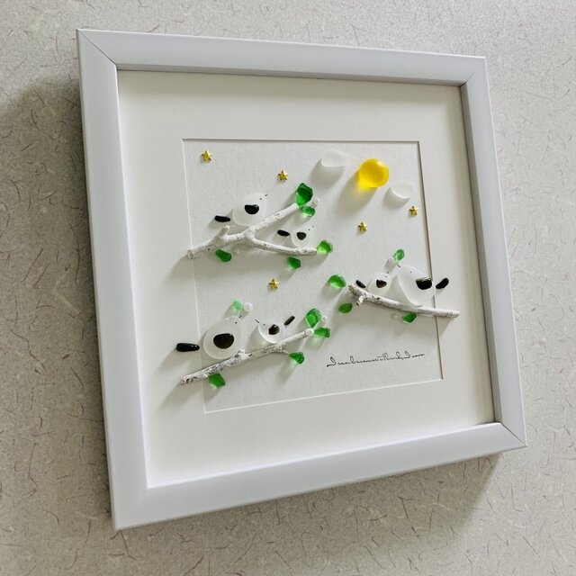 シーグラスアート 海の宝石 シマエナガの家族 風景画 インテリア雑貨