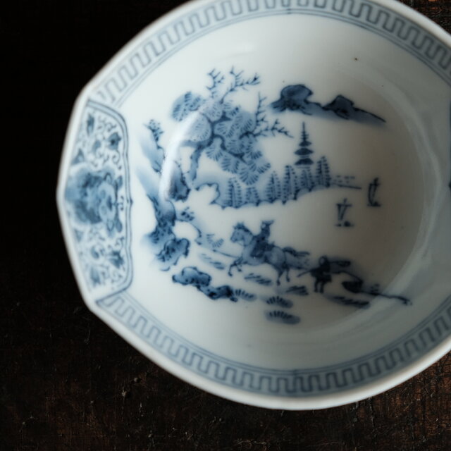 中国美術なデザイン◇常峯特製 瀬戸焼 黒染付変小鉢 深皿 馬と人 獅子