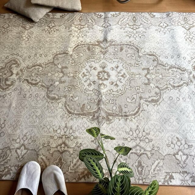 118×209 淡いカラー メダリオン 生成りグレージュ トルコヴィンテージ