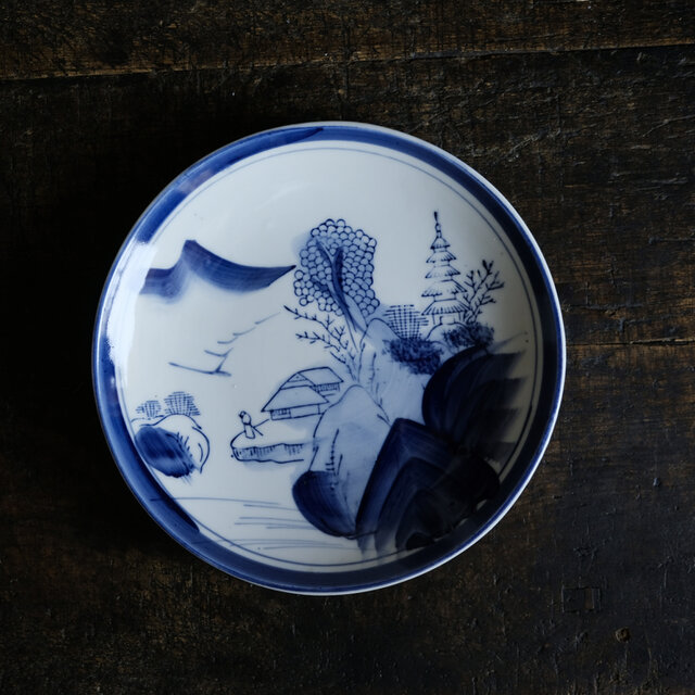 770『染付 山水楼閣 皿』萬暦 /骨董品 古美術 アンティーク 古玩 770