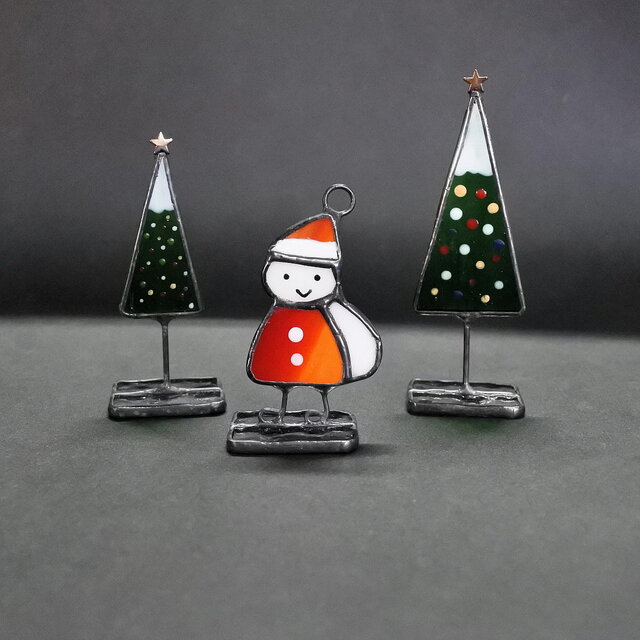 サンタ くんとツリーのミニオブジェ 置物 ステンドグラス クリスマス X