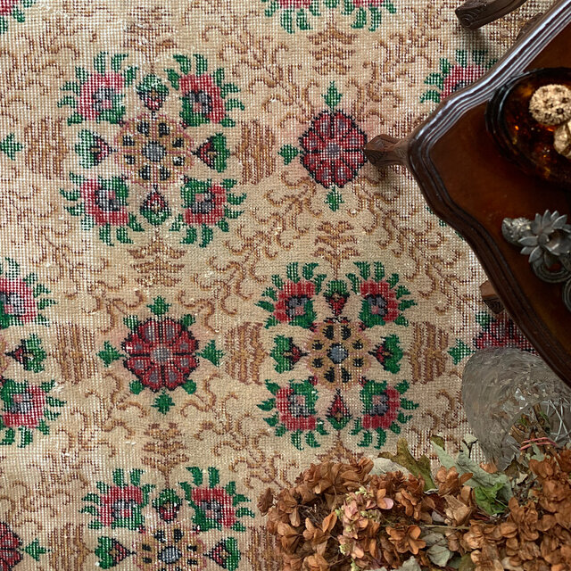 トルコヴィンテージラグ 200×114フラワー 均等柄 ルビーレッド モカ