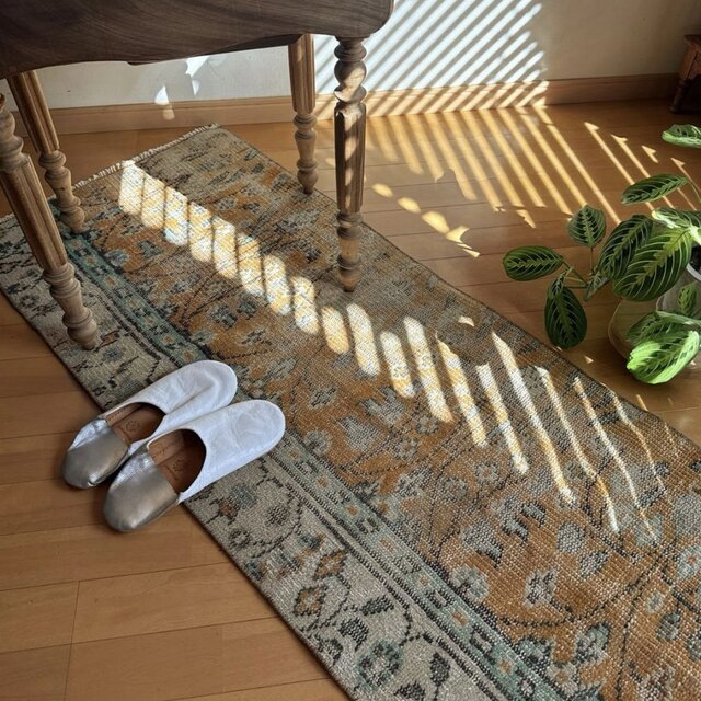 貴重116×190幸せの青い鳥 ボタニカル シャビー トルコヴィンテージラグ