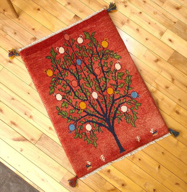 年末キャンペーン】ペルシャ ギャッベ 玄関 90×63 藍色 ザクロの木