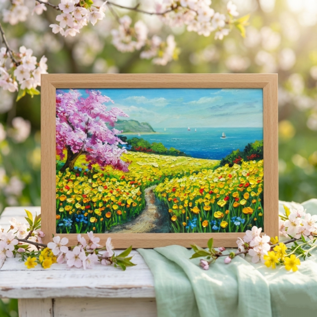 春の油彩画「希望の花咲く春の日」油絵・一点物・原画 | iichi 日々の