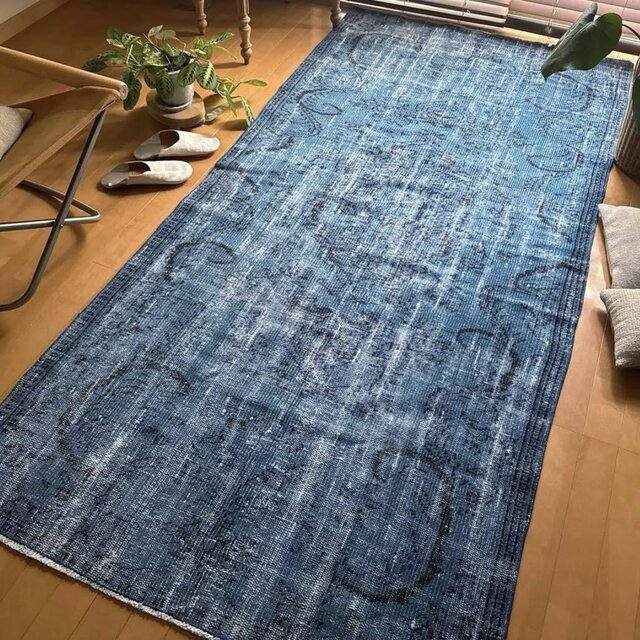 大判114.5×240レアブルーオーバーダイ メダリオン トルコヴィンテージ