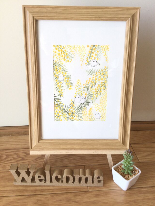 シマエナガ 原画 イラスト 水彩 ミモザ 玄関に飾ったりお友達に