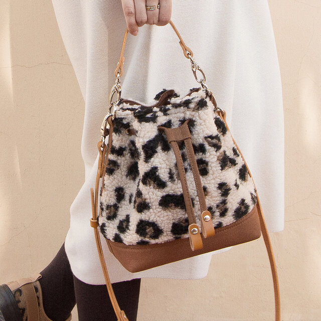 レオパードボアx牛革x帆布 ミニショルダーバッグ（Sサイズ）モコモコ