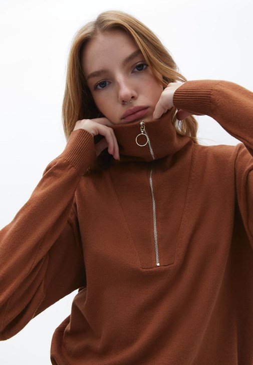 Kahverengi Fermuarlı Triko Kazak 22KOX-VIPFERDUZ | OXXO