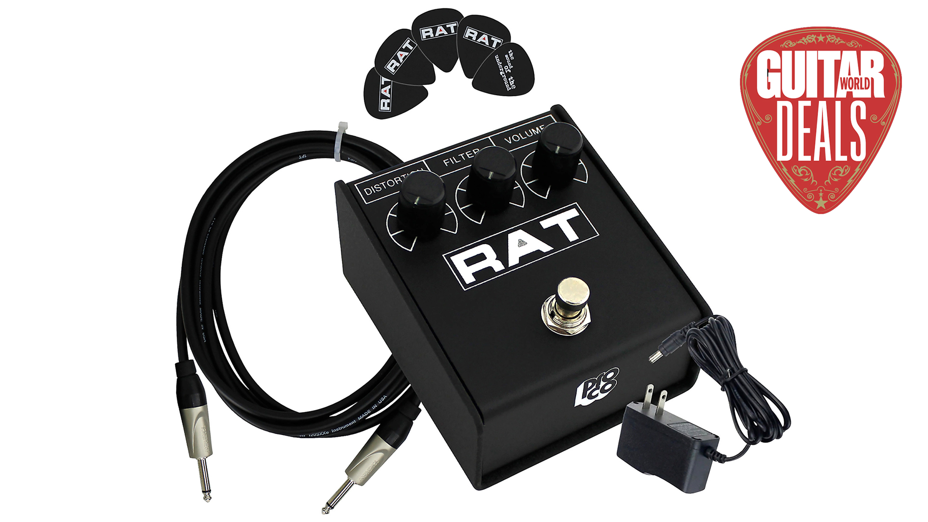 Get the ultimate distortion effects bundle – a ProCo Rat 2, cable