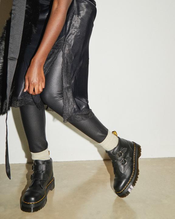 Devon Flower Buckle Leather Platform Boots in Black Milled Nappa