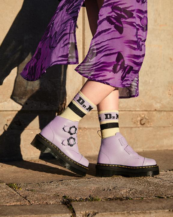 Devon Flower Buckle Leather Platform Boots in Lilac | Dr. Martens