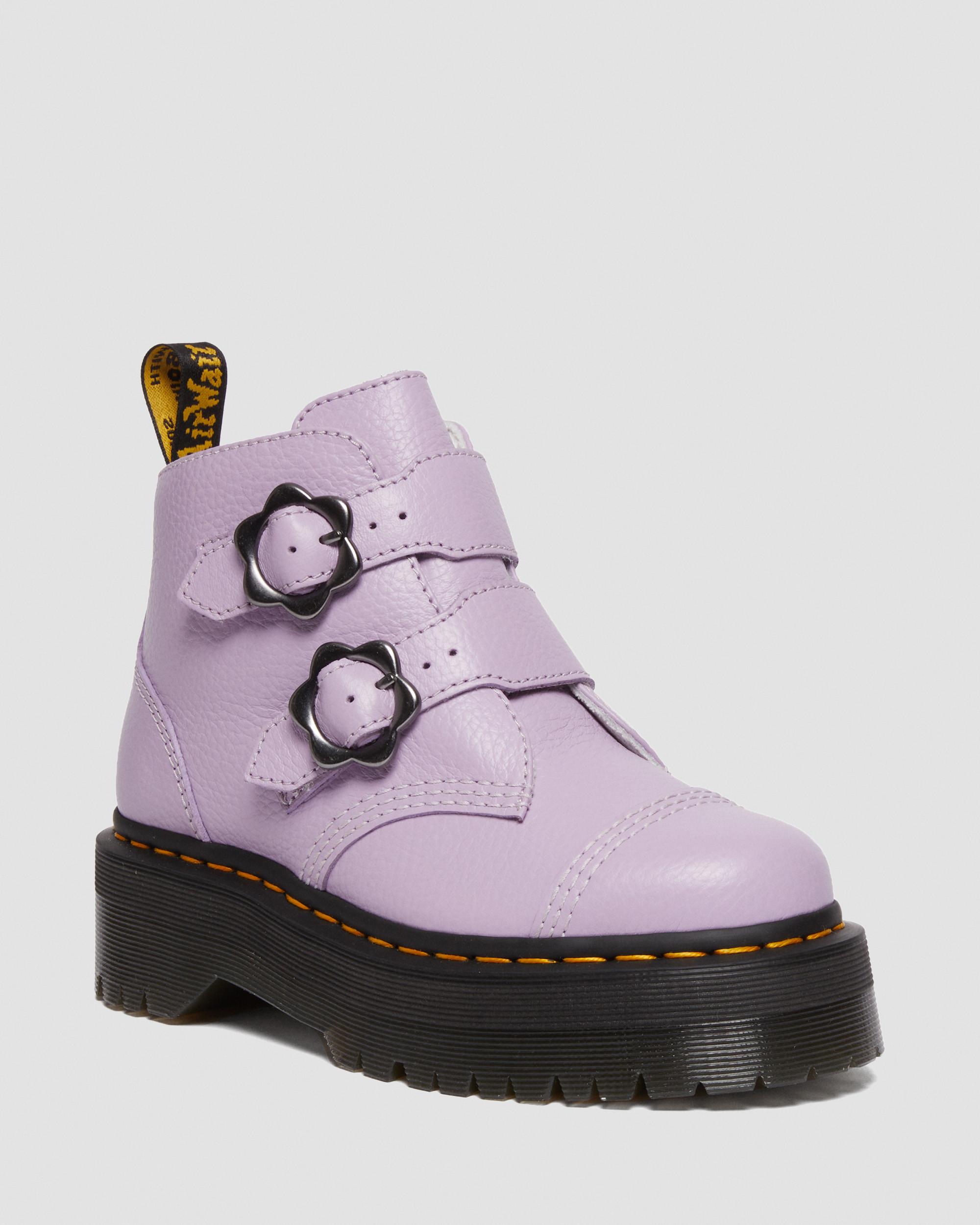 Devon Flower Buckle Leather Platform Boots in Lilac | Dr. Martens