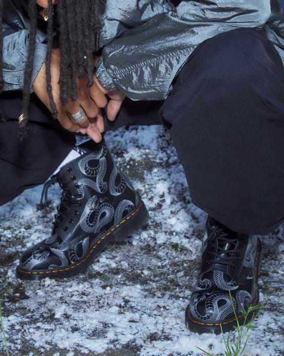 1460 Serpent Print Leather Lace Up Boots in Black | Dr. Martens