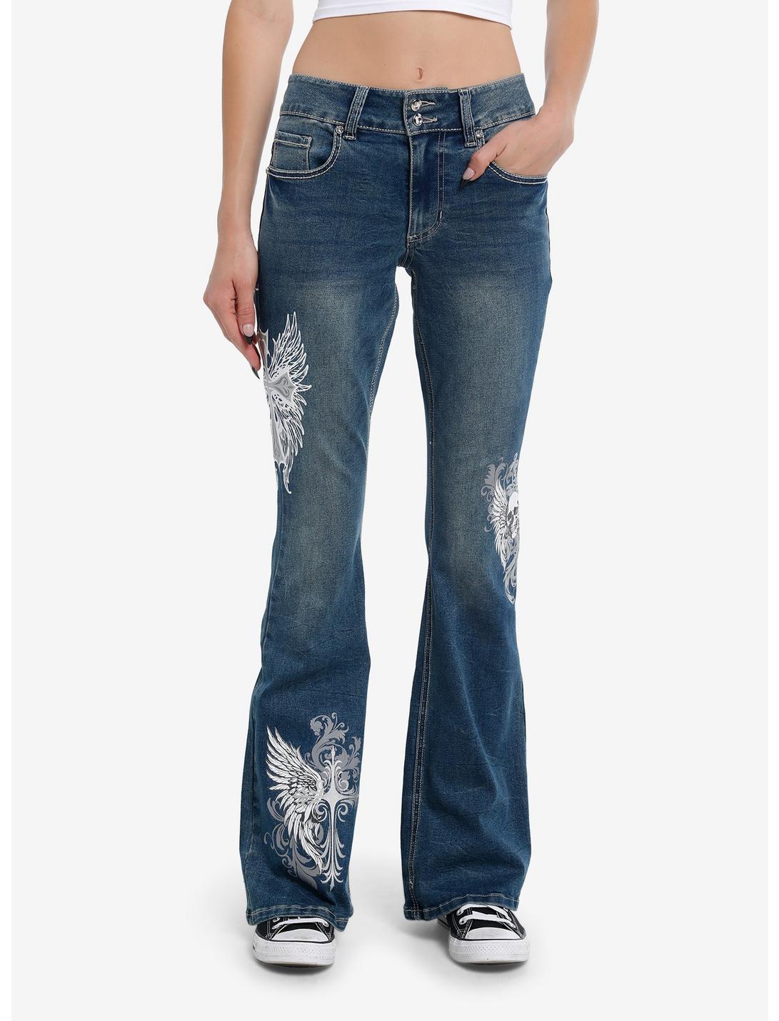 Cross Skull Wings Rhinestone Flare Denim Pants | Hot Topic