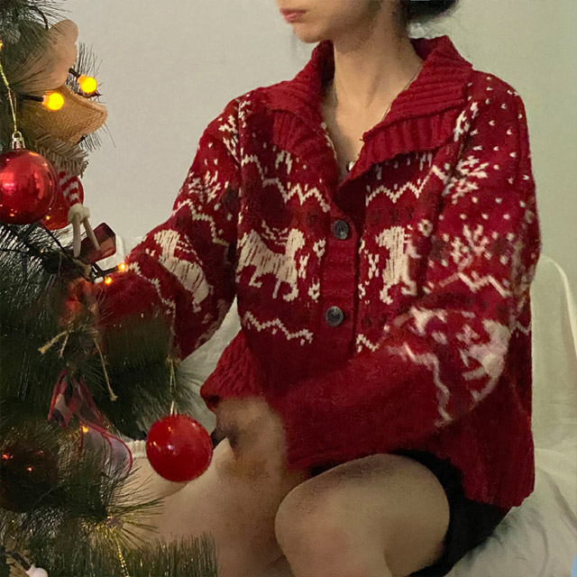 3color] クリスマスヴィンテージノルディック柄カーディガン