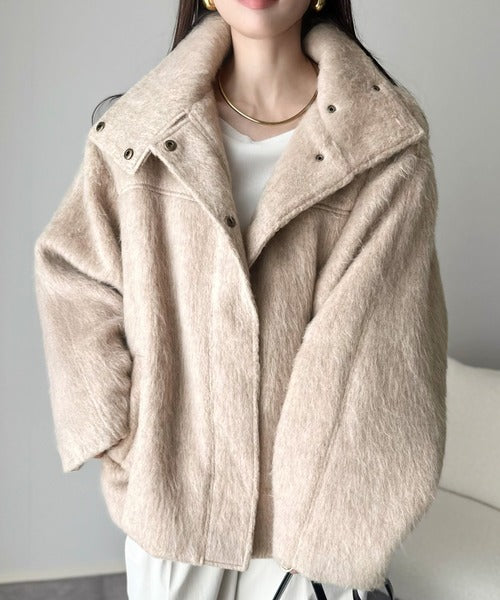 暖かさとおしゃれを両立♪ミックスシャギースタンドカラー比翼ミドル