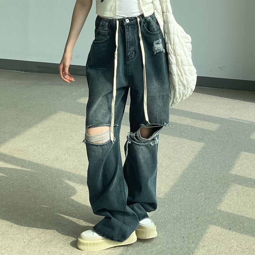 ストリングワイドダメージデニムパンツ | ファッション通販サイト NUGU