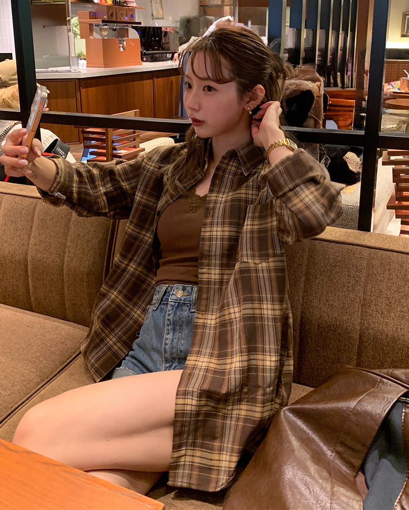 ブラウンオーバーサイズチェックパターンシャツ | ファッション通販