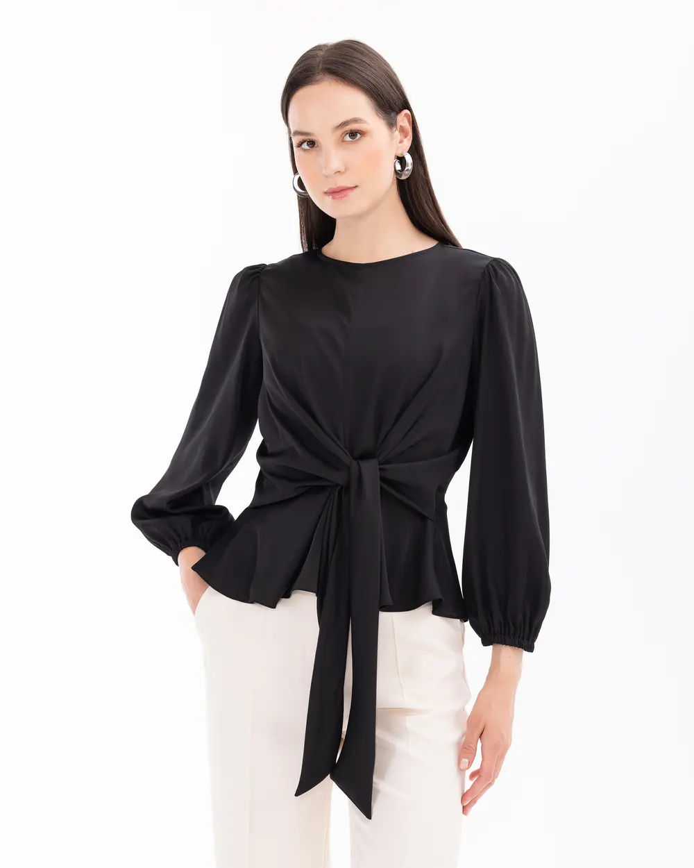 Round Neck Tie Blouse - SecilStore
