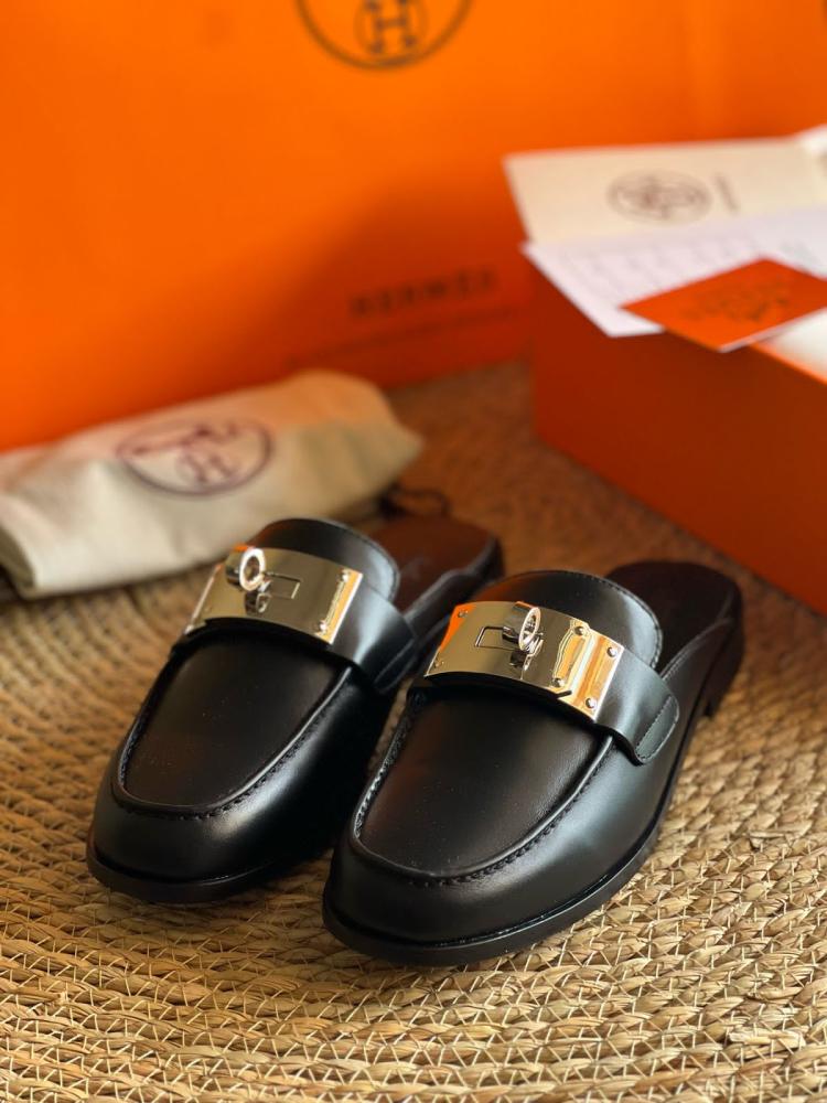 Hermes Women's Black Leather Open Back Flats - E-SEVEN STORE