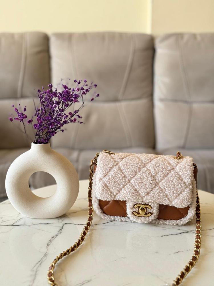 Chanel Women's Faux Fur and Leather Bag, 20cm Flap, Brown and