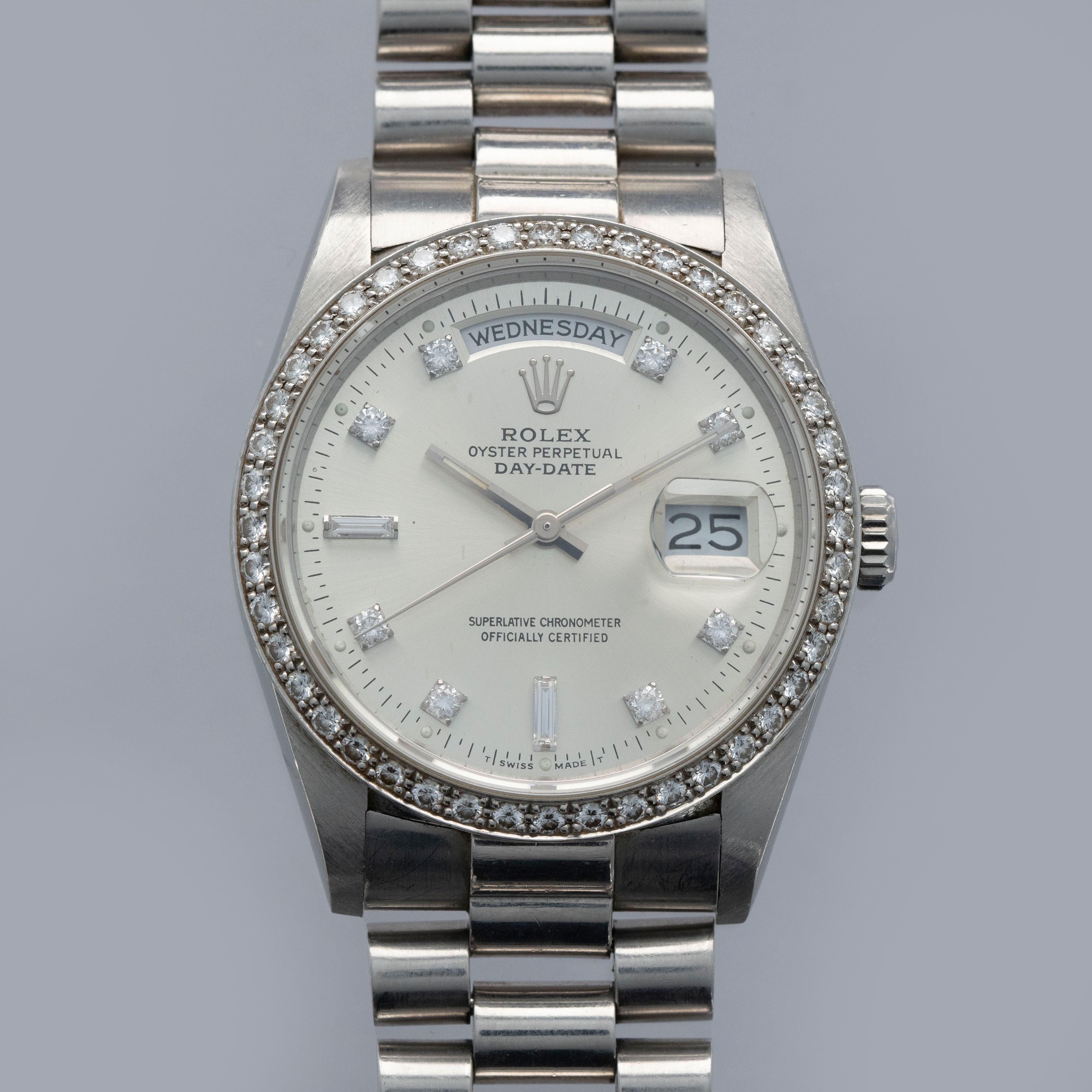 Rolex Day-Date 18346 Silver Diamond Dial and Bezel Platinum