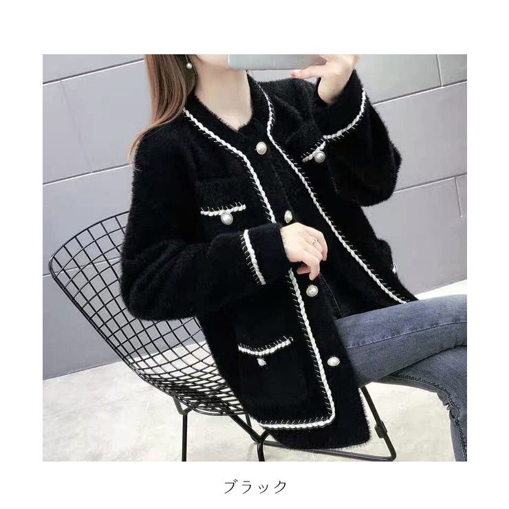 ビジューボタン付きシャギーニットカーディガン ツイードジャケット風