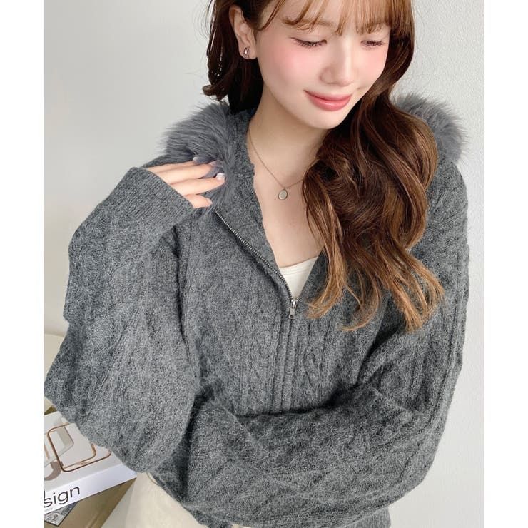 フードファージップアップケーブルニットカーディガン[品番