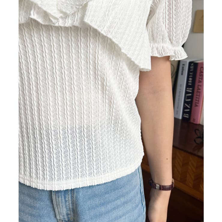 クロスリボンフリルカラー半袖ストライプレースカットソー[品番