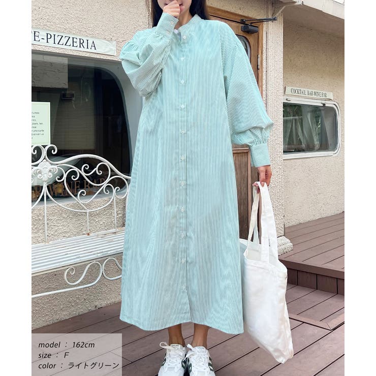 バルーンスリーブバンドカラーシャツワンピース 無地ストライプ[品番