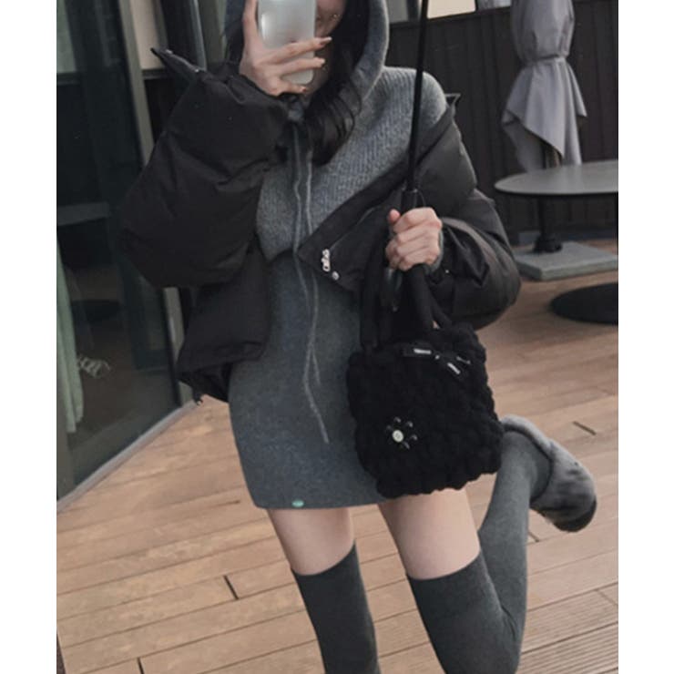 フード付きニットワンピース ミニワンピース 韓国ファッション[品番