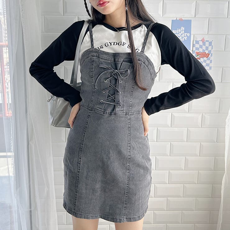 レースアップデニムミニキャミワンピース[品番：OUTW0000061
