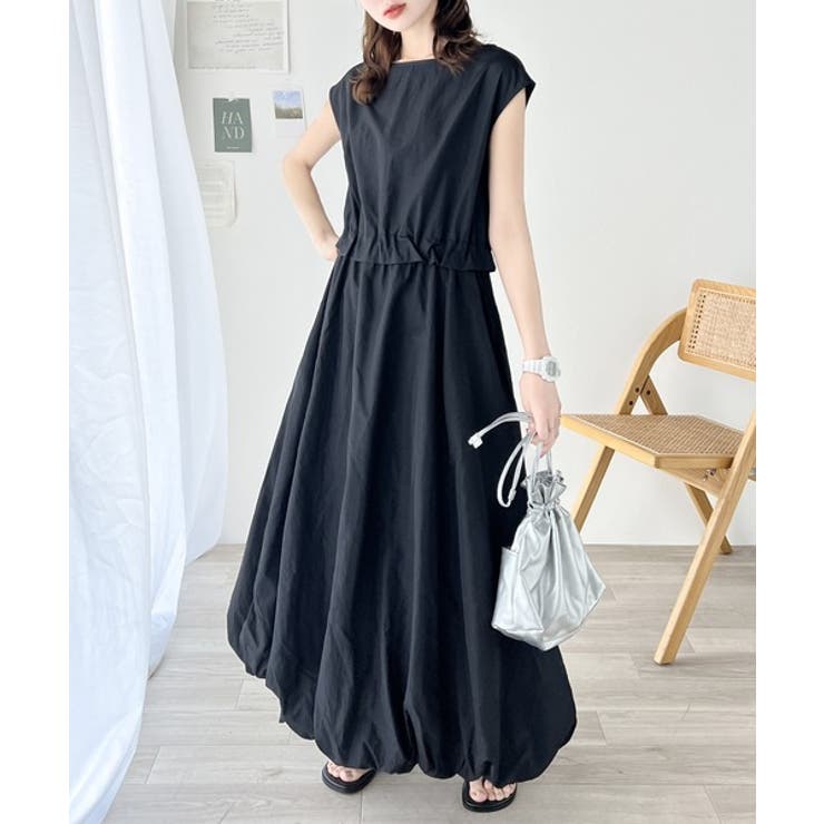 大人可愛いふんわりワンピ。ナイロンフレンチスリーブバルーンロング