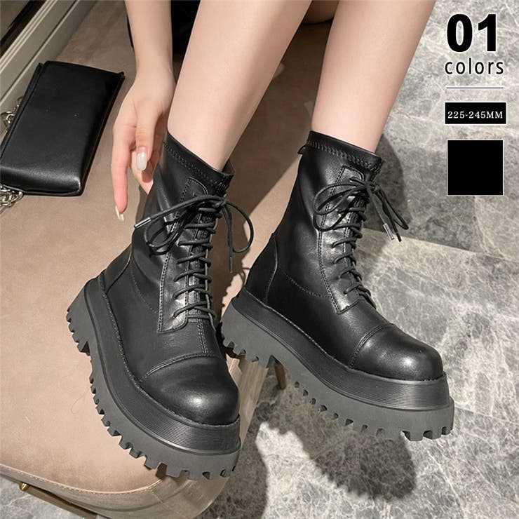 厚底ブーツ レースアップショートブーツ トラックソール[品番